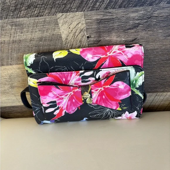 Floral Black Clutch with Pink Bow - Picture 2 of 4